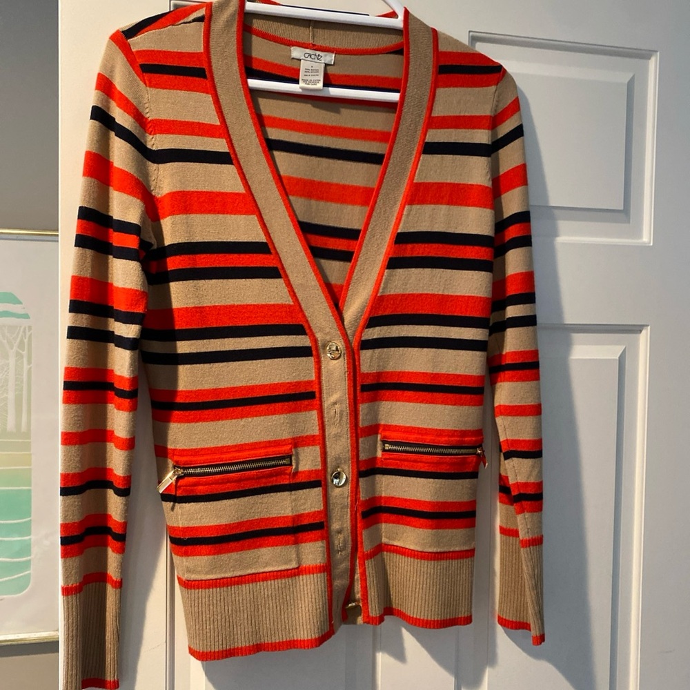 Cache Red and Black Cardigan Sweater with Bold Stripes